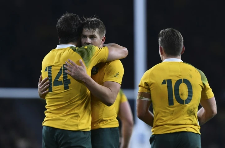 Les Australiens se congratulent après un essai d'Adam Ashley-Cooper, face à l'Argentine en demi-finale du Mondial, le 25 octobre 2015 à Twickenham 