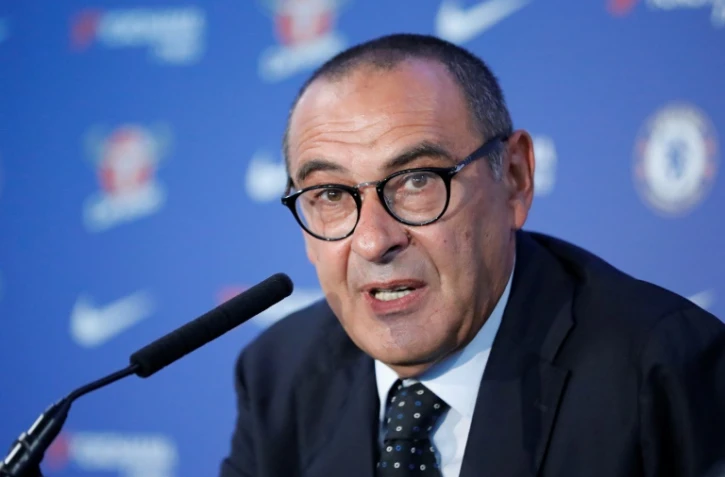 L'entraîneur de Chelsea Maurizio Sarri lors d'une conférence de presse, le 18 juillet 2018 à Stamford Bridge