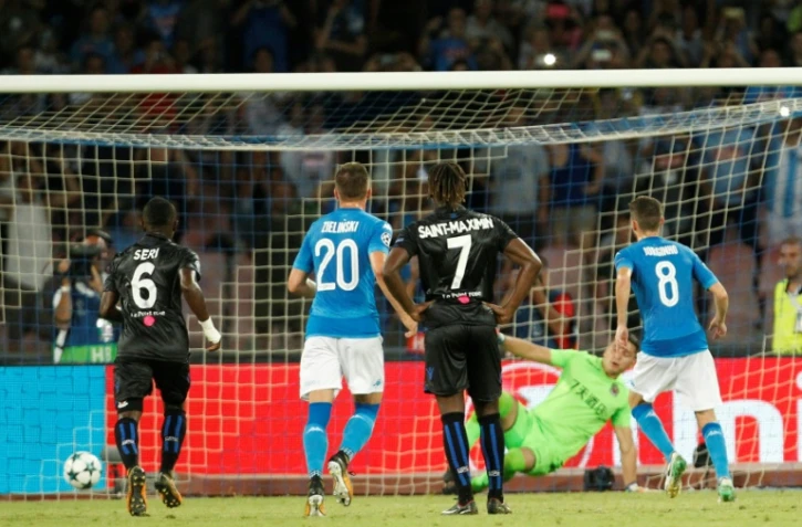 L'OGC Nice battu à Naples avec notamment un penalty signé Jorginho (N.8) au stade San Paolo, le 16 août 2017