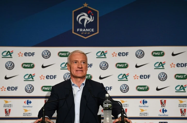 Le sélectionneur des Bleus Didier Deschamps face à la presse à l'issue de l'annonce de la liste des 23 retenus pour le Mondial, le 17 mai 2018 à Boulogne-Billancourt