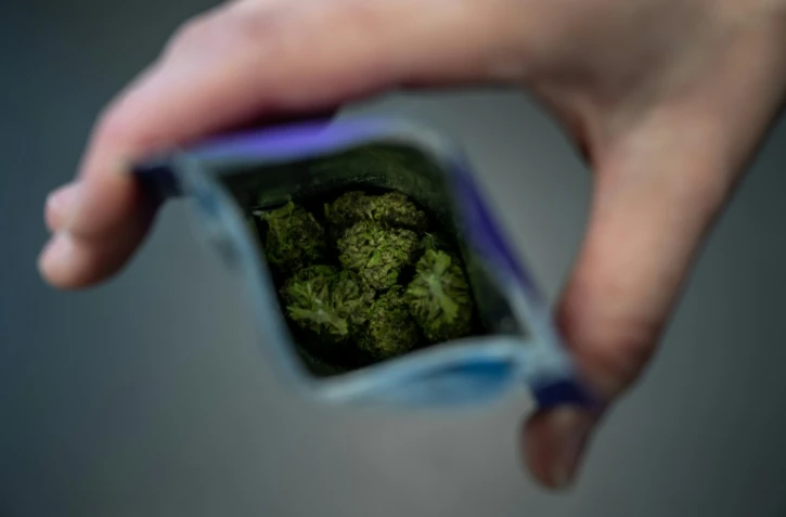 De la marijuana "gaz pourpre" à usage récréatif vendue en sachet à titre expérimental dans une pharmacie de Bâle, en Suisse, le 7 mars 2023