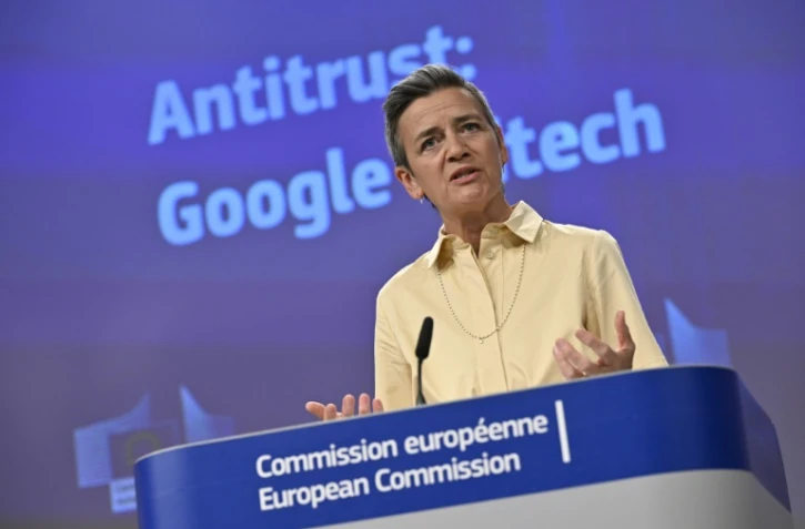La commissaire europénne à la Concurrence, Margrethe Vestager, s'exprime lors d'une conférence de presse à Bruxelles le 14 juin 2023  
