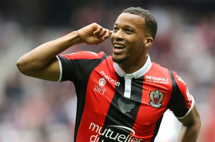 L'attaquant de Nice Alassane Pléa vient de marquer contre Rennes en Ligue 1, le 8 avril 2018 à Nice
