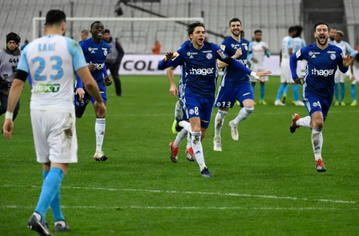 La joie des Strasbourgeois après avoir éliminé aux tirs au but Marseille en 8e de finale de la Coupe de la Ligue, le 19 décembre 2018 au Vélodrome
