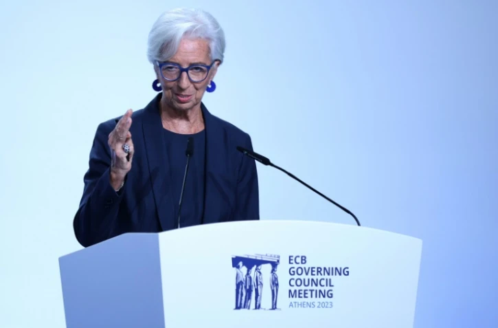 la présidente de la BCE, Christine Lagarde lors d'une conférence de presse, le 26 octobre 2023 à Athènes