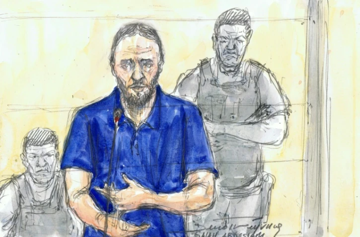 Croquis d'audience de Salah Abdeslam, le 14 avril 2022, devant la cour d'assises spéciale de Paris