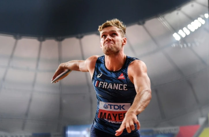 Kevin Mayer lors du concours de lancer du disque, une des épreuves du décathlon des Mondiaux de Doha, le 3 octobre 2019