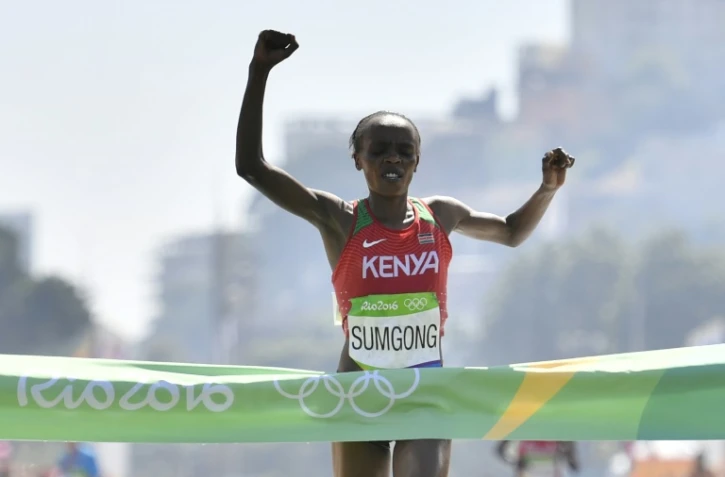 La Kényane Jemima Sumgong victorieuse du marathon des JO de Rio, le 14 août 2016
