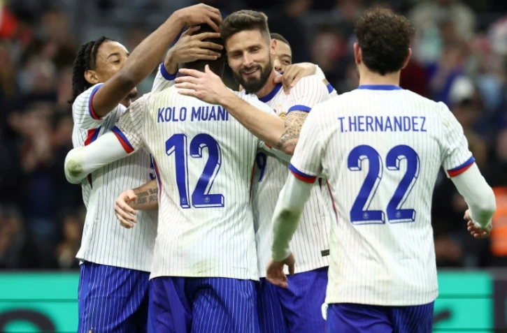Les Bleus, avec notamment un but d'Olivier Giroud (au centre), ont dominé le Chili à Marseille, le 26 mars 2024