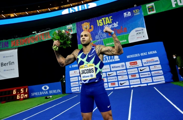 Le sprinteur italien Lamont Marcell Jacobs vainqueur de la finale du 60 m indoor à Berlin, le 4 février 2022