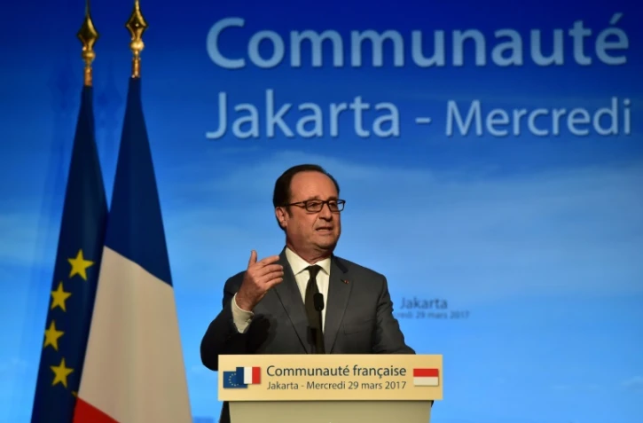 Le président Français devant les membres de la communauté française à Jakarta, le 29 mars 2017