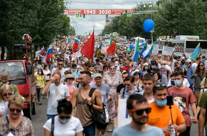 Manifestation non-autorisĂ©e en soutien au gouverneur arrĂȘtĂ© SergueĂŻ Fourgal, Ă Khabarovsk, le 25 juillet 2020