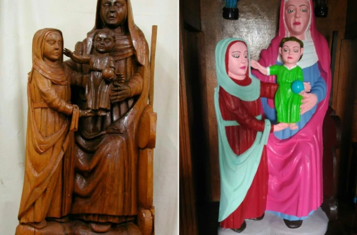 Montage réalisé le 7 septembre 2018 montrant l'original d'une statue de la Vierge en bois datant du XVe siècle et sa "restauration" effectuée par une habitante d'un hameau du Nord de l'Espagne 