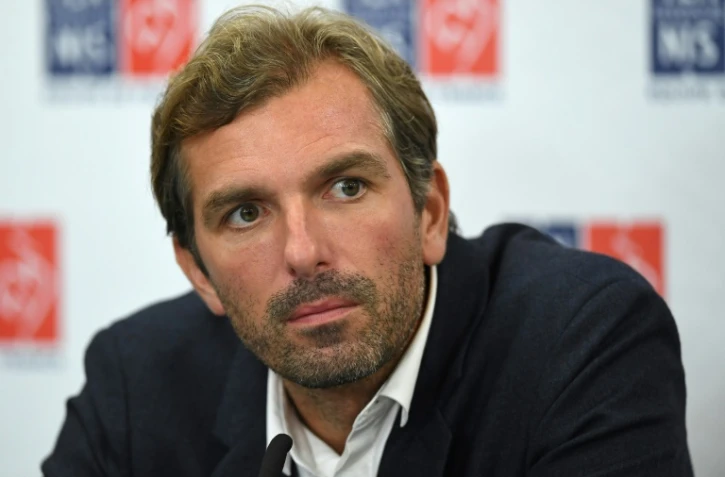 Le capitaine de l'équipe de France Julien Benneteau annonce en conférence de presse les joueuses retenues pour la finale de la Fed Cup en Australie, le 28 octobre 2019 à Paris