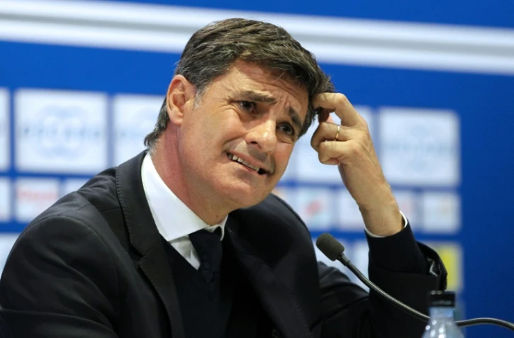 L'entraîneur de Marseille Michel en conférence de presse après la défaite face à Bastia, le 3 avril 2016 au stade Armand Cesari 