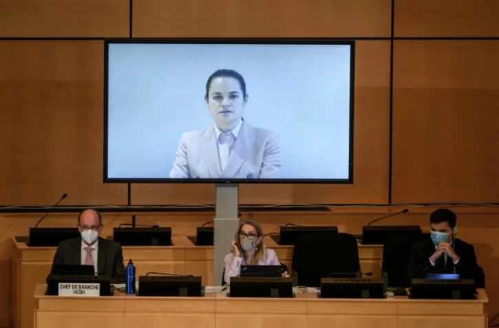 L'opposante Svetlana Tikhanovskaïa s'adressant par message vidéo au Conseil des droits de l'Homme de l'ONU le 18 septembre 2020