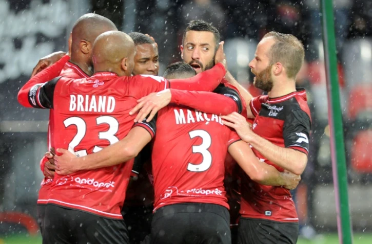 Les attaquants de Guingamp se congratulent après un but de Nancy, le 31 mars 2017 au Roudourou