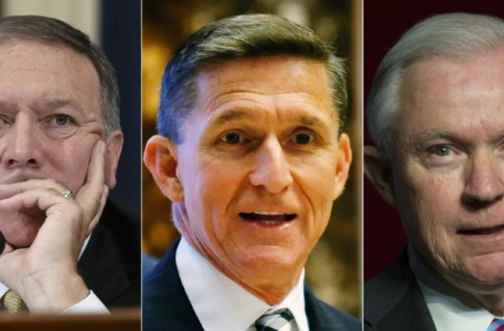 Un combo de Mike Pompeo, élu républicain du Kansas à la Chambre des représentants, du général Michael Flynn et du sénateur Jeff Sessions