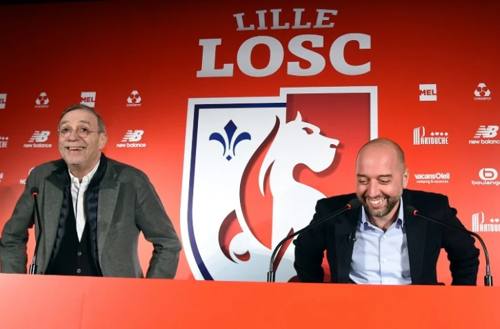 Le président de Lille, Michel Seydou, et son successeur Gérard Lopez, le 13 janvier 2017 à Camphin-en-Pévèle