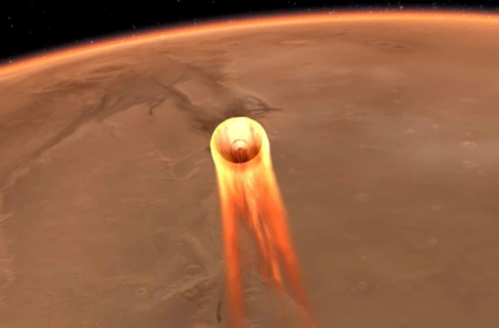 Illustration artistique fournie par la Nasa le 23 novembre 2018 montrant la descente de la sonde InSight vers la planète Mars