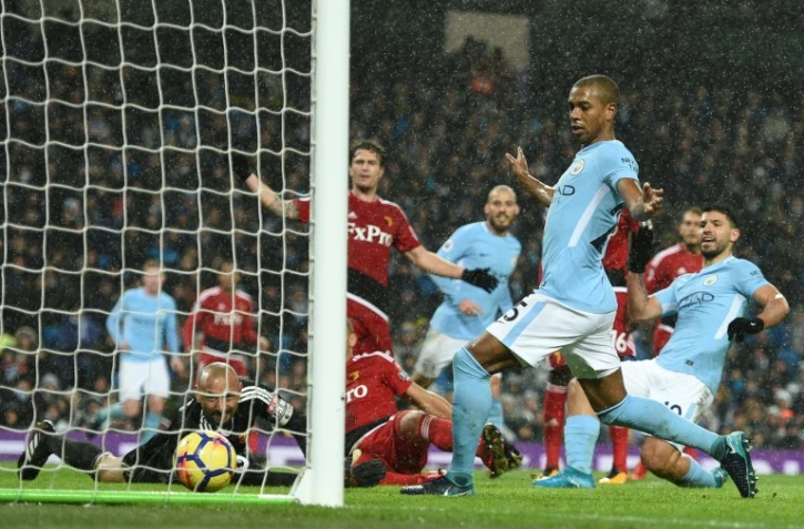 L'attaquant argentin de Manchester City marque un but lors du match à domicile contre Watford en 22e journée du championnat d'Angleterre le 2 janvier 2018