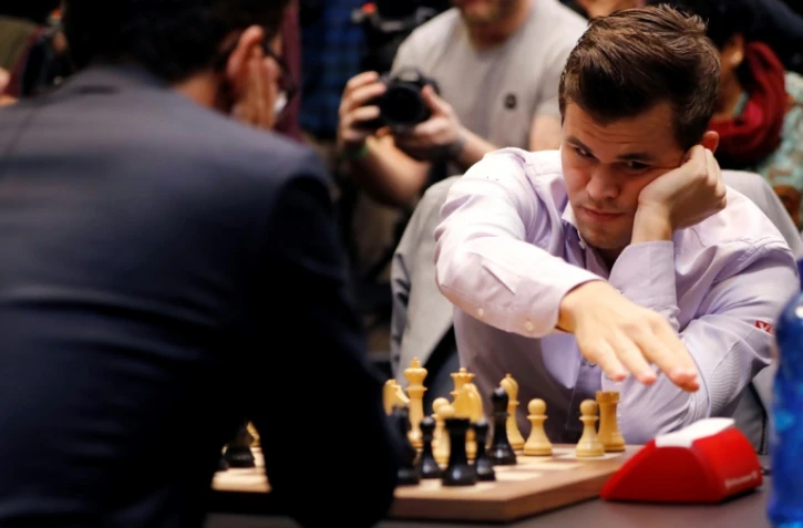 Le Norvégien Magnus Carlsen lors d'un match l'opposant à Fabio Caruana, à Londres le 28 novembre 2018