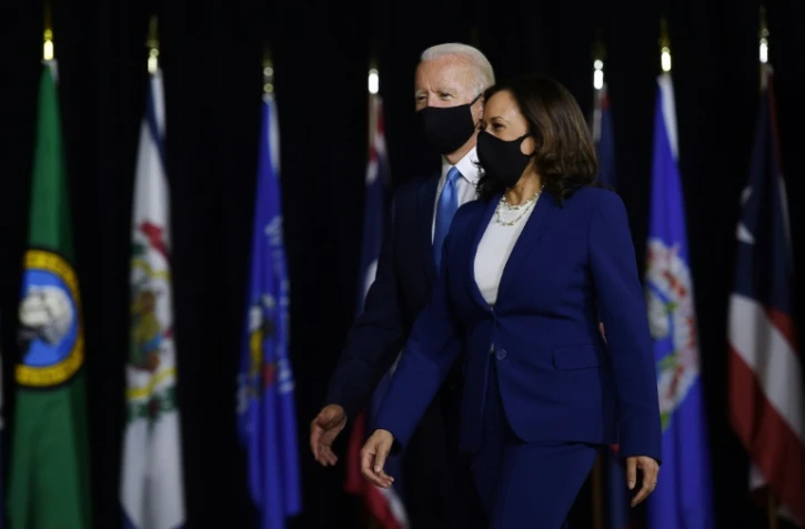 Joe Biden et Kamala Harris lors de leur première apparition ensemble en tant que colistiers, à Wilmington dans le Delaware, le 12 août 2020