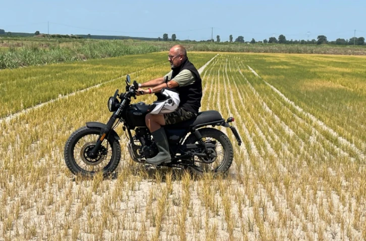 Le riziculteur Dario Vicini traverse ses champs desséchés à moto, à Zeme (nord de l'Italie), le 18 juillet 2022