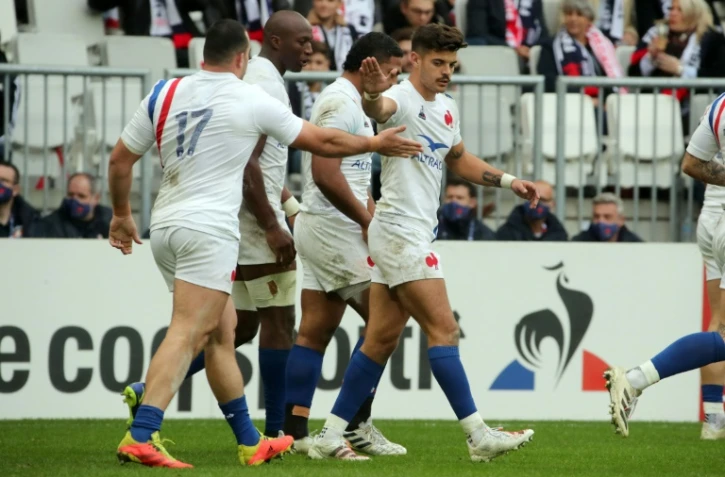 Les joueurs du XV de France se sont amusés face à la Géorgie lors d'un test match disputé au Matmut Atlantique à Bordeaux, le 14 novembre 2021  