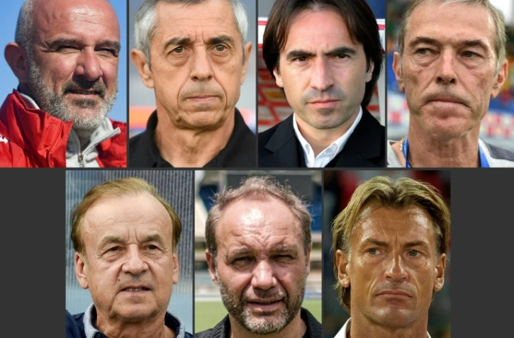 Photo montage (en haut) des sélectionneurs N Dupuis, A Giresse, C Martins et M Dussuyer (en bas) G Rohr, S Migné et H Renard, le 17 juin 2019 à Paris