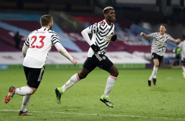 La joie du milieu de terrain français de Manchester United, Paul Pogba, auteur de l'unique but du match de Premier League, le 12 janvier 2021 sur le terrain de Burnley