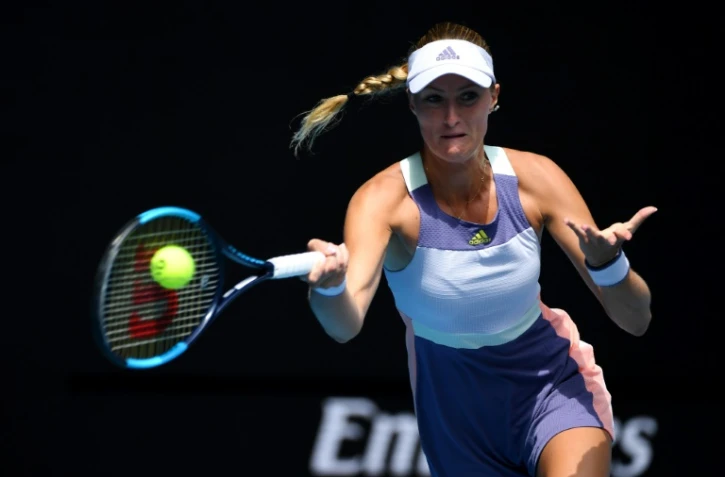 La Française Kristina Mladenovic face à la Tchèque Karolina Pliskova au 1er tour de l'Open d'Australie, le 21 janvier 2020 à Melbourne