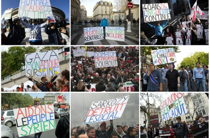 Photos montrant Jean-Baptiste Reddé, alias Voltuan, et ses fameuses pancartes, prises au cours de différentes manifestations à Paris entre 2009 et 2015