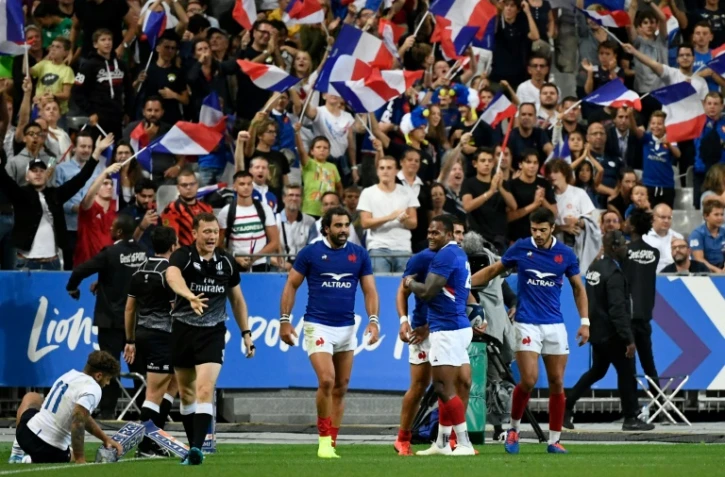 Les joueurs du XV de France lors de la victoire sur l'Italie 47-19 au Stade de France en match de préparation au Mondial le 30 août 2019