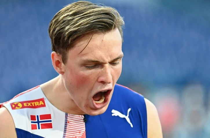 La joie du Norvégien Karsten Warholm, vainqueur du 400 m haies lors du meeting de la Ligue de Diamant, le 17 septembre 2020 au stade Olympique à Rome