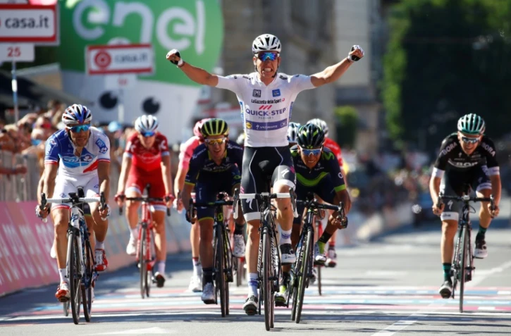 Arrivée de la 15e étape du Giro, à Bergame, le 21 mai 2017, avec la victoire au sprint du Luxembourgeois Bob Jungels