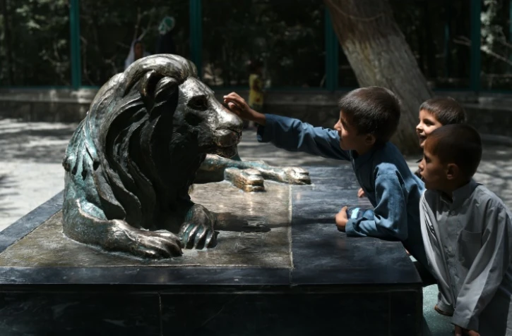 Des enfants afghans touchent la statue de "Marjan", le lion du zoo de Kaboul, symbole de la résilienne afghane, le 12 juillet 2016 à Kaboul