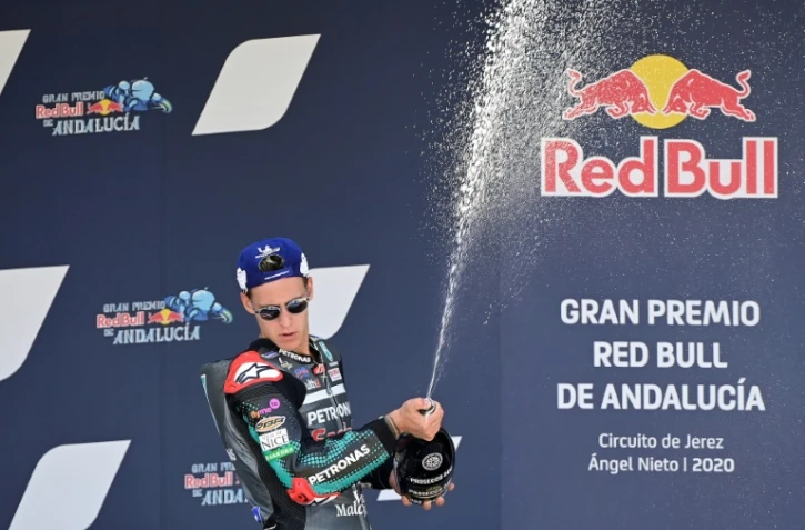 Le Français Fabio Quartararo vainqueur sur Yamaha-SRT du GP moto d'Andalousie sr le circuit de Jerez, le 26 juillet 2020