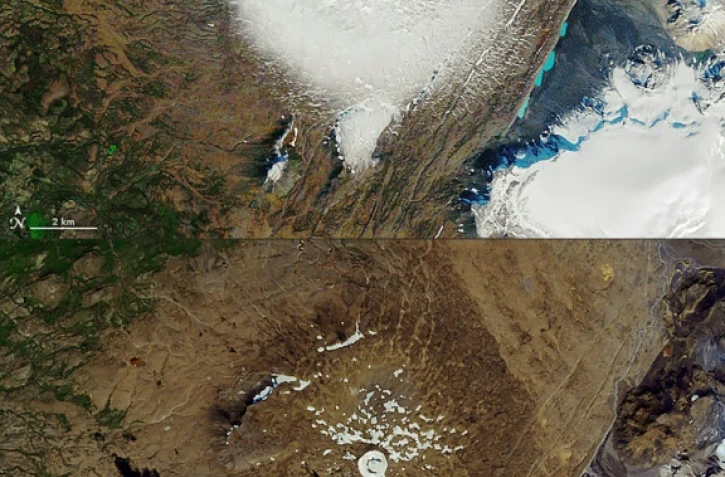 Ces images satellite montrent l'une (en haut) le glacier islandais Okjökull le 7 septembre 1986 et l'autre (en bas), le 1er août 2019, la même zone d'où le glacier a disparu