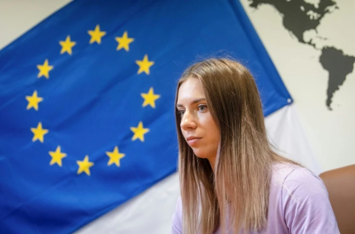 La sprinteuse bélarusse Krystsina Tsimanouskaya lors de son interview à l'AFP à Varsovie en Pologne le 9 aôut 2021. 