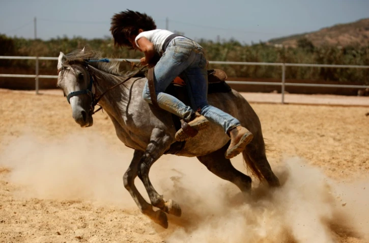 La cavalière Raja Kheir tente de dresser son cheval dans son manège, aux environs de Majdal Shams (Golan), le 17 décembre 2015
