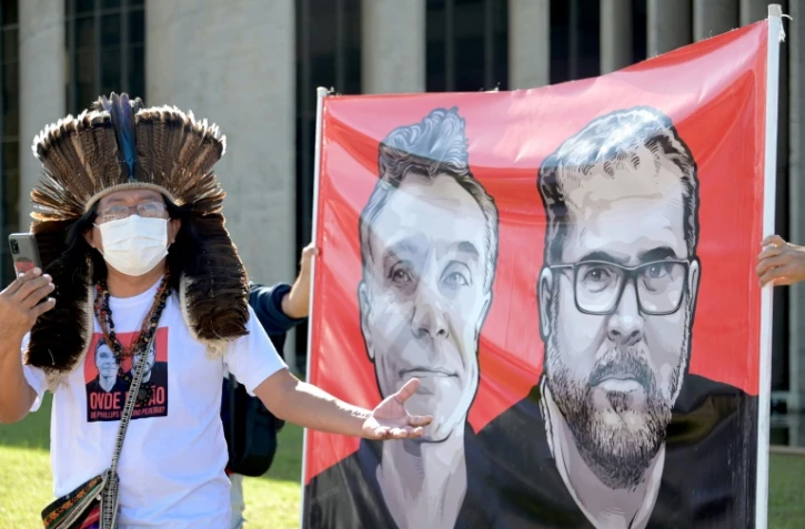 Manifestation devant le ministère de la Justice à Brasilia en soutien au journaliste britannique Dom Phillips et à l'expert brésilien Bruno Pereira, assassinés en juin 2022