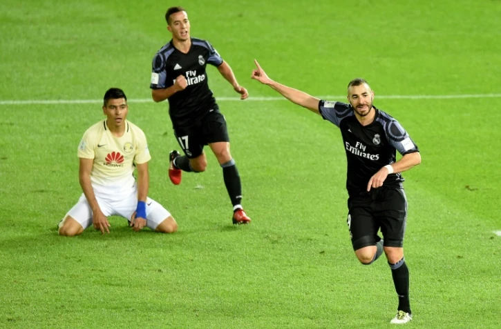 L'attaquant français du Real Madrid Karim Benzema buteur contre les Mexicains d'America, au Mondial des clubs, le 15 décembre 2016 à Yokohama