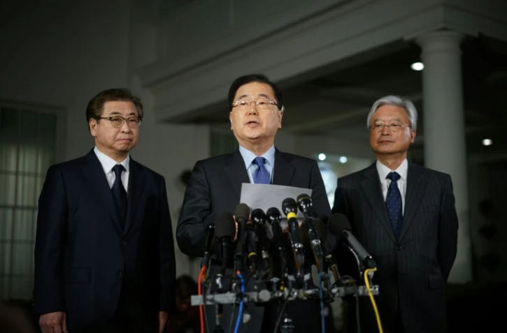 Chung Eui-yong, le conseiller national sud-coréen à la Sécurité, faisant sa déclaration à la presse devant la Maison Blanche le 8 mars 2018 