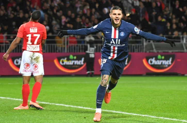 L'attaquant argentin du Paris Saint-Germain Mauro Icardi savoure un but inscrit Ă Brest en Ligue 1 le 9 novembre 2019.