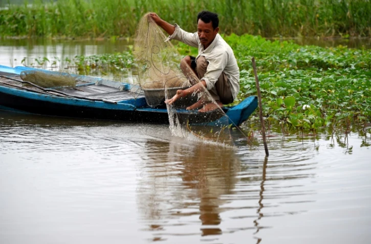 Le pêcheur Leng Vann sort son filet de l'eau, le 13 octobre 2020, dans le village flottant de Prek Toal dans la province de Battambang au Cambodge