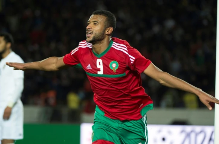 Le Marocain Ayoub El-Kaabi, vient de marquer face à la Libye au cours de la demi-finale de la CHAN,  au stade Mohammed V de Casablanca, le 31 janvier 2018