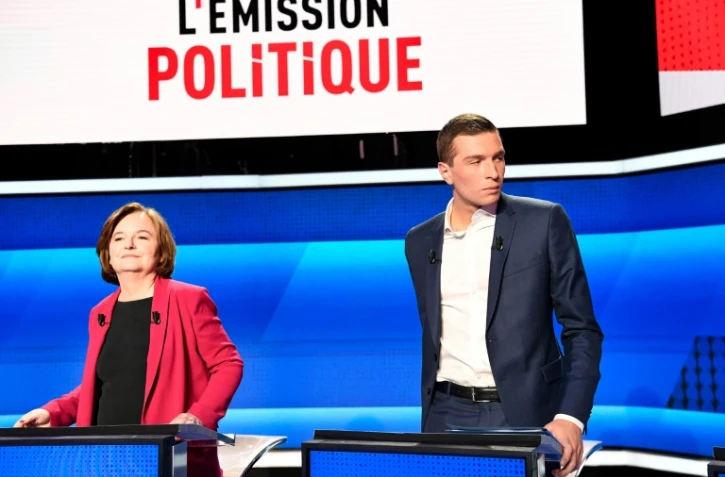 Les têtes de liste aux européennes Nathalie Loiseau (LREM) et Jordan Bardella (RN) lors d'un débat sur France 2 le 4 avril 2019