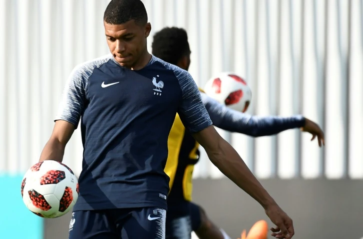 L'attaquant de l'équipe de France Kylian Mbappé à l'entraînement, le 14 juillet 2018 à Moscou