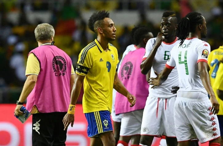 L'attaquant gabonais Pierre-Emerick Aubameyang à l'issue du match nul concédé face au Burkina Faso, le 18 janvier 2017 à Libreville